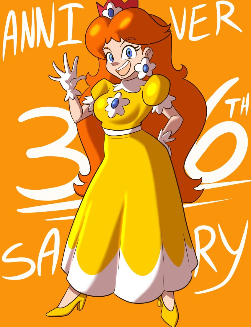1girl anniversary blue_eyes breasts crown dress earrings flower_earrings full_body gloves grin happy_birthday high_heels highres jewelry long_hair looking_at_viewer mario_(series) nintendo open_mouth orange_dress princess_daisy puffy_short_sleeves puffy_sleeves red_hair short_sleeves smile super_mario_land tomboy