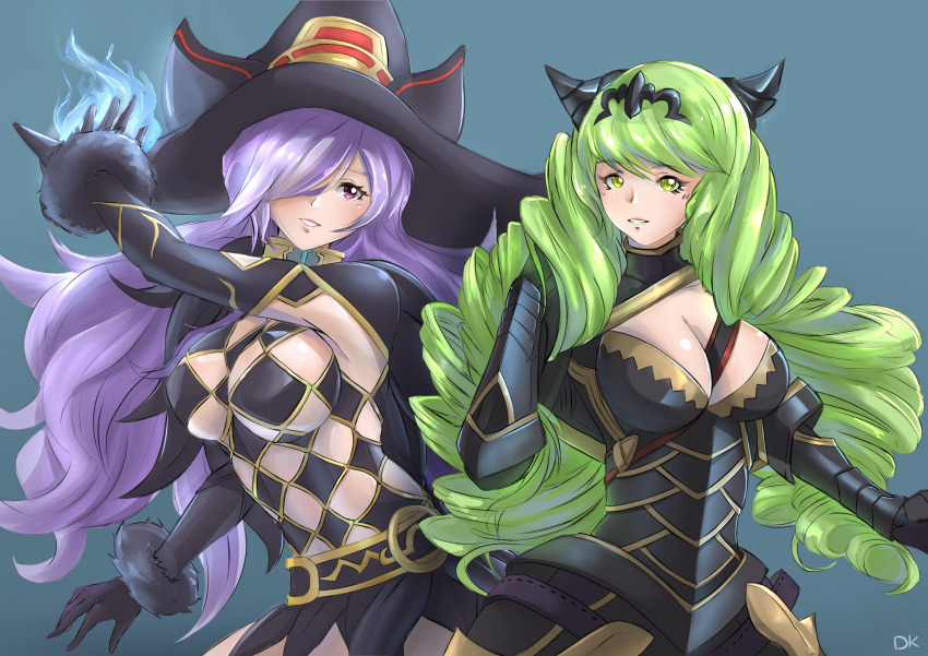 20s 2girls armor artist_request belt between_breasts black_bodysuit black_gloves bodysuit breasts camilla_(fire_emblem) camilla_(fire_emblem)_(cosplay) cleavage cosplay costume_switch covering_privates covering_one_eye crossover curvy elbow_gloves female_focus fiore_brunelli fiore_brunelli_(cosplay) fire_emblem fire_emblem_if gauntlets gloves green_background green_eyes green_hair hair_over_one_eye hat headpiece highres intelligent_systems large_breasts lips long_hair matching_hair/eyes multiple_girls nintendo pink_eyes purple_eyes purple_hair simple_background skin_tight smile square_enix star_ocean star_ocean_integrity_and_faithlessness witch_hat