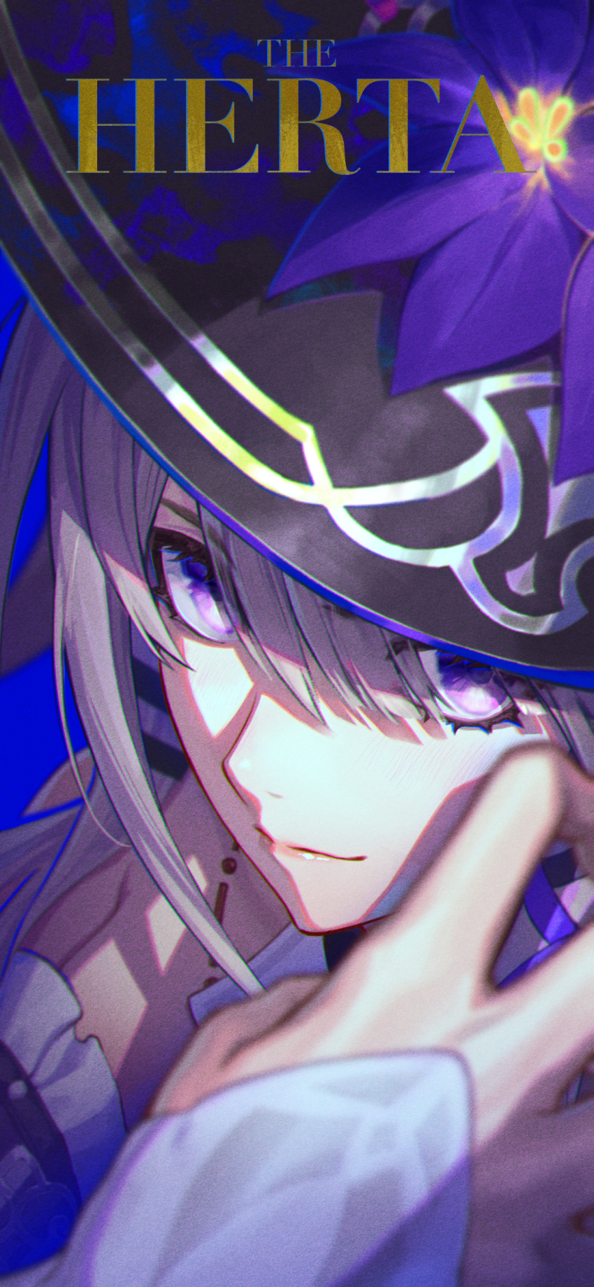 1girl absurdres blunt_bangs blurry character_name closed_mouth collarbone depth_of_field flower hair_between_eyes hat herta_(honkai:_star_rail) highres honkai:_star_rail honkai_(series) karlhe long_hair looking_at_viewer portrait purple_eyes purple_hair sleeves_past_wrists smile solo the_herta_(honkai:_star_rail)