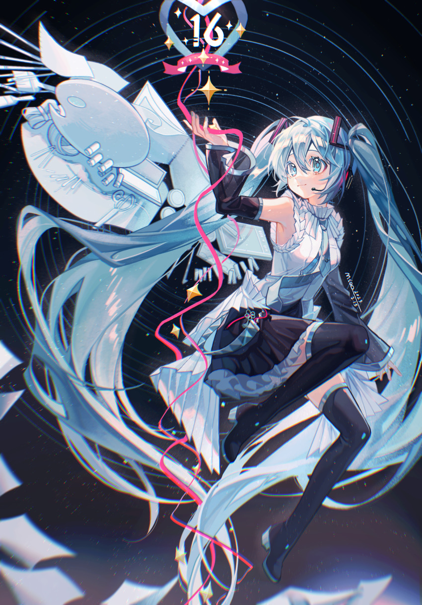 1girl blue_eyes blue_hair blue_nails boots detached_sleeves hatsune_miku hatsune_miku_happy_16th_birthday_-dear_creators- headphones highres jiuye_mubiao_shi_mai_kao_hongshu necktie pink_ribbon ribbon shirt sleeveless sleeveless_shirt solo star_(sky) thigh_boots twintails vocaloid