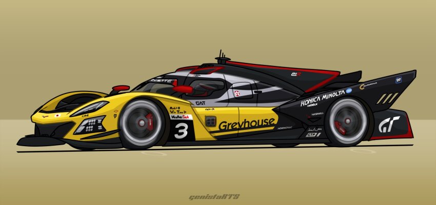 brown_background car chevrolet chevrolet_corvette chevrolet_corvette_c8 commentary english_commentary from_side gran_turismo highres imsa_sportscar_championship japanese_flag le_mans_prototype logo mei_(genistarts) motor_vehicle original race_vehicle racecar redesign shadow sponsor star_(symbol) vehicle_focus