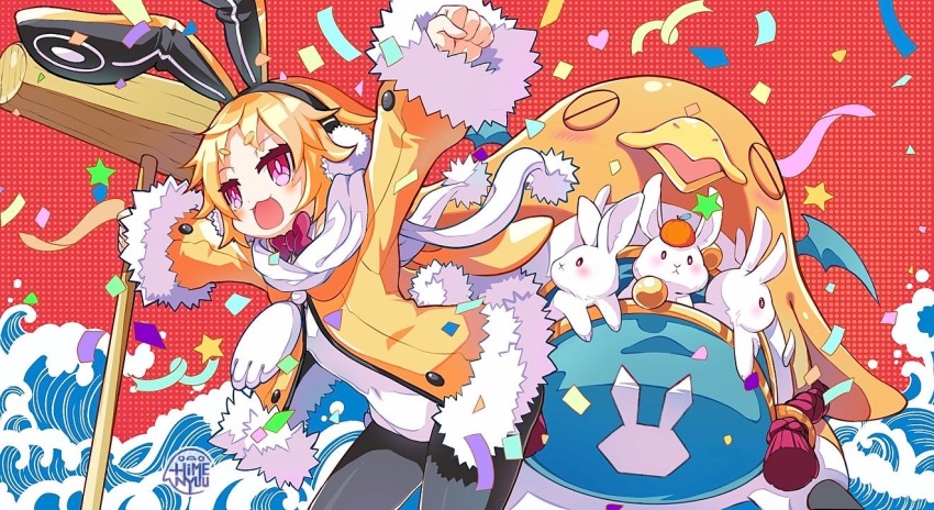 1girl :3 animal animal_ears animal_focus artist_name bat_wings bird black_pantyhose blonde_hair bow bowtie chinese_zodiac clenched_hand closed_eyes coat colored_skin confetti covered_navel demon_wings disgaea earmuffs fur-trimmed_jacket fur-trimmed_sleeves fur_trim heart hikimayu himenyuu jacket kine leotard long_sleeves makai_senki_disgaea_5 mallet mini_wings new_year open_mouth orange_skin pantyhose peg_leg penguin playboy_bunny pouch prinny rabbit rabbit_earmuffs rabbit_ears rabbit_girl rabbit_tail rabbits_foot red_background red_bow red_bowtie red_eyes rope_belt scarf short_eyebrows short_hair smile streamers tail thick_eyebrows usalia_(disgaea) white_scarf wings x_mouth year_of_the_rabbit yellow_coat yellow_jacket
