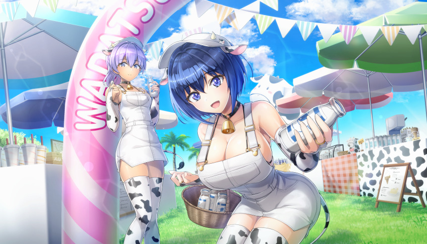 2girls animal_ears animal_print basket bell blue_eyes blue_hair blue_sky bottle breasts bridal_gauntlets cleavage cloud collar cow_print cow_tail cowbell dark-skinned_female dark_skin dolphin_wave elbow_carry elbow_gloves fake_animal_ears game_cg gloves grass hat highres holding holding_basket holding_bottle large_breasts milk_bottle multiple_girls neck_bell non-web_source official_art ootomo_takuji open_mouth overalls palm_tree ponytail purple_eyes purple_hair short_hair sky souma_hayate standing tail tojou_michiru tree umbrella
