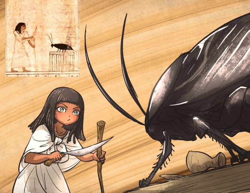 1girl ancient_egyptian ancient_egyptian_clothes black_hair brown_eyes bug cane chalice cockroach cup dress fine_art_parody highres holding holding_cane holding_knife insect ironlily khopesh knife original parody photo-referenced stick sweat tan white_dress