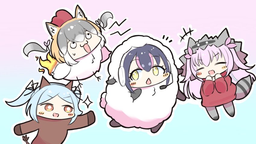 .live animal_costume animal_ear_fluff black_hair empty17033658 headphones highres himekuma_ribon humboldt_penguin_(kemono_friends) island_fox_(kemono_friends) kemono_friends kemono_friends_v_project penguin_costume penguin_tail re:act short_hair simple_background tail virtual_youtuber yamato_iori