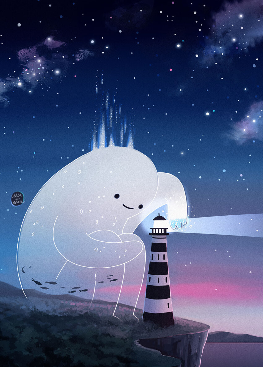 1other artist_name cliff cloud ellievsbear fish flying_fish grass highres lighthouse night night_sky no_humans ocean on_grass original outdoors scenery see-through_body signature sitting sky smile star_(sky) water