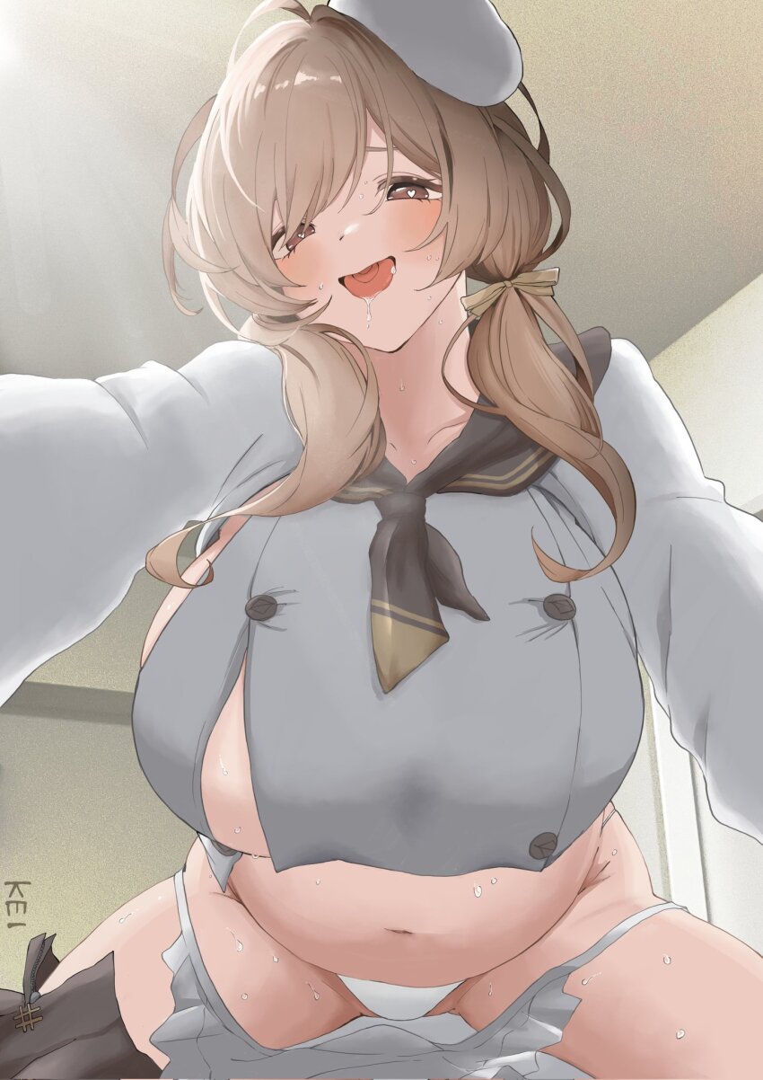1girl apron ascot beret blush bow bready_(nikke) breasts brown_eyes brown_hair crop_top drooling from_below goddess_of_victory:_nikke hair_bow hair_over_shoulder hair_ribbon hat heart heart-shaped_pupils highres keimgm_13 large_breasts low_twintails medium_hair midriff navel open_mouth panties plump pov reaching reaching_towards_viewer ribbon saliva skirt solo straddling sweat symbol-shaped_pupils tongue twintails underboob underwear undressing unworn_skirt white_hat white_panties