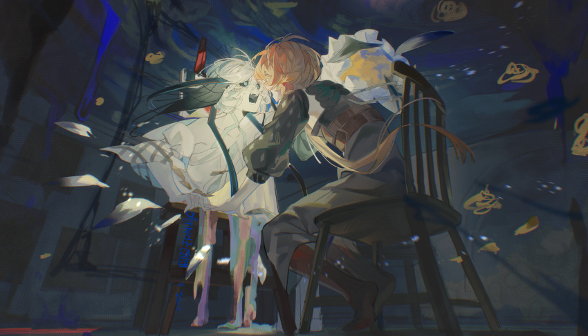 1girl absurdres black_sclera blue_eyes chair colored_sclera face-to-face fate/grand_order fate_(series) franjo0v0 highres open_mouth orange_hair pale_skin sitting van_gogh_(fate) van_gogh_(third_ascension)_(fate)