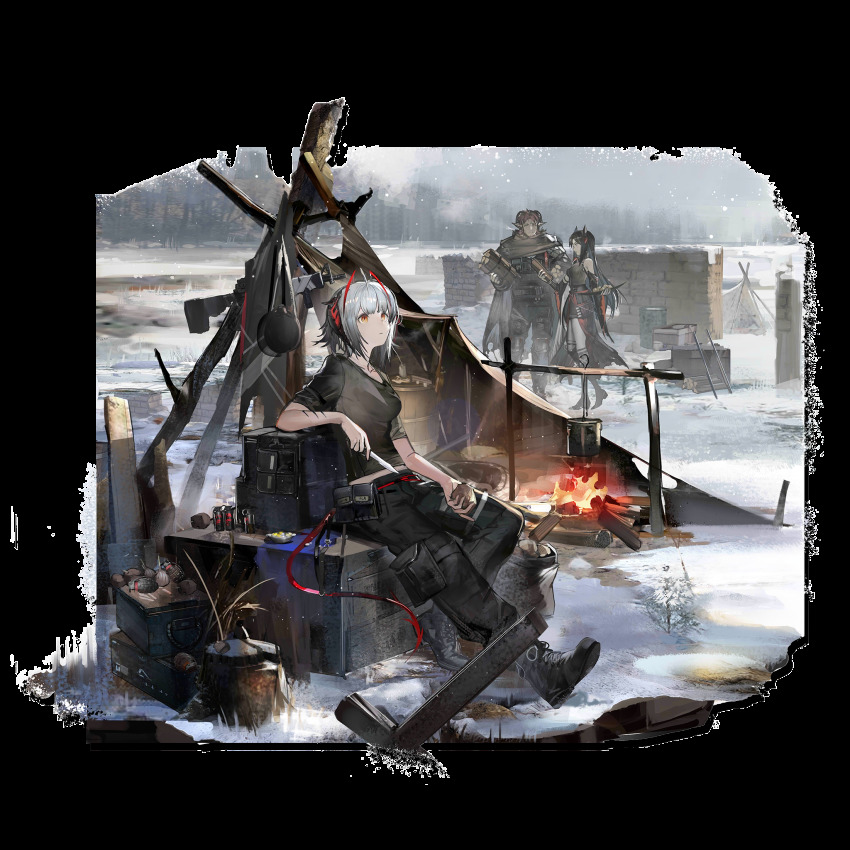 1boy 2girls ahoge antennae arknights bare_shoulders black_footwear black_hair black_pants black_shirt boots brown_eyes campfire highres hoederer_(arknights) holding holding_knife holding_weapon horns ines_(arknights) knife liduke long_hair multiple_girls official_alternate_costume official_art pants potato pouch shirt short_hair short_sleeves silver_hair snow transparent_background w_(arknights) w_(fugue)_(arknights) weapon