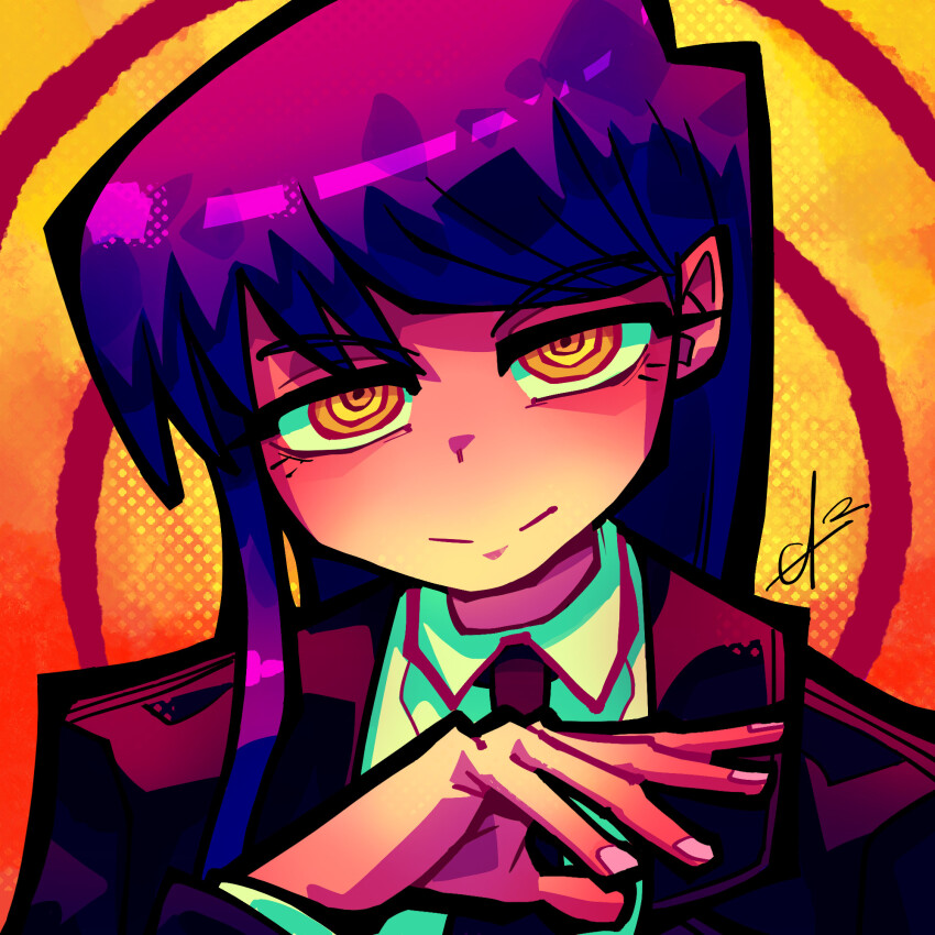 1girl alpharecdyt black_necktie black_suit chainsaw_man commentary cosplay formal_clothes highres komi-san_wa_komyushou_desu komi_shouko makima_(chainsaw_man) makima_(chainsaw_man)_(cosplay) necktie orange_background orange_eyes portrait purple_hair ringed_eyes signature single_sidelock smile solo suit