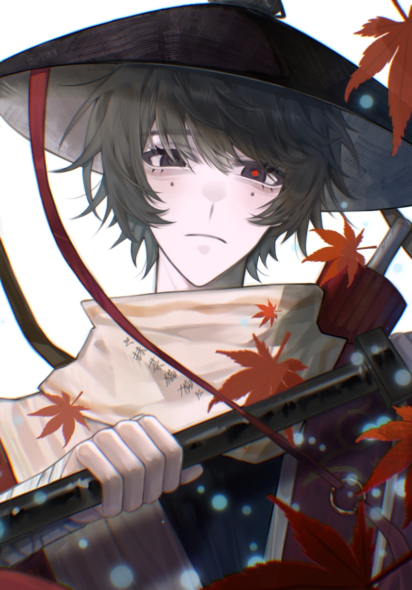 1boy ajirogasa black_eyes black_hair black_hat cen_boyao chinese_commentary closed_mouth commentary_request frown hat highres holding huayangshan_jishi leaf looking_at_viewer male_focus maple_leaf mismatched_pupils mole mole_under_each_eye mole_under_eye multiple_moles red_pupils shirt simple_background solo upper_body variant_set white_background white_shirt yikelanli58187