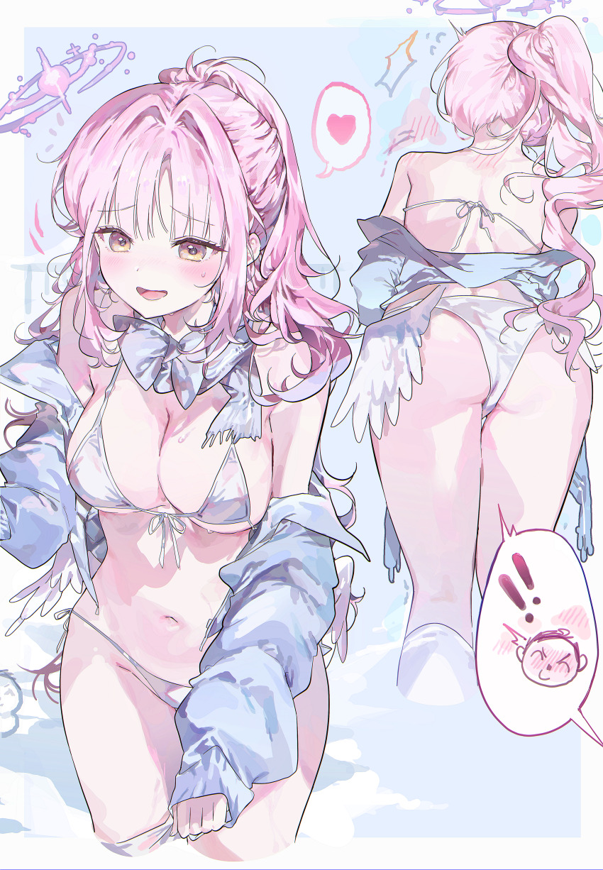 ! !! 0202ase 1girl :d absurdres alternate_costume ass bare_shoulders bikini blue_archive blush bow bowtie breasts cleavage commentary_request doodle_sensei_(blue_archive) hair_between_eyes hair_ornament heart highres jacket large_breasts long_hair long_sleeves looking_at_viewer mika_(blue_archive) multiple_views navel off_shoulder open_clothes open_jacket open_mouth pink_hair ponytail ribbon sensei_(blue_archive) sidelocks simple_background smile speech_bubble spoken_heart string_bikini swimsuit thighs white_bikini yellow_eyes