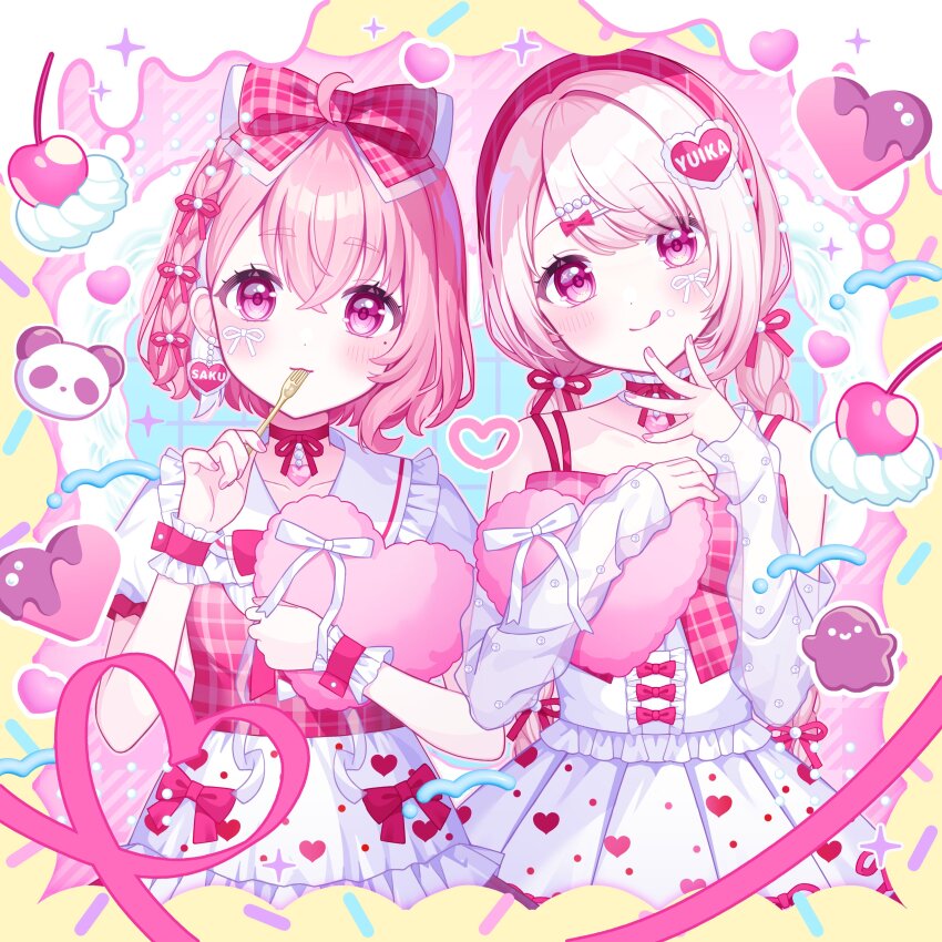 2girls :q absurdres ahoge blue_background blush border bow bowtie braid character_name cherry chocolate choker closed_mouth collarbone collared_dress commentary crossed_bangs detached_sleeves dress earrings english_commentary eyelashes facial_mark fingernails food food_on_face fork frilled_choker frilled_dress frilled_shirt_collar frilled_sleeves frills fruit hair_between_eyes hair_bow hair_ornament hair_ribbon hairband hairclip hands_up heart heart-shaped_pillow heart_choker heart_earrings heart_hair_ornament highres holding holding_fork holding_pillow jewelry licking_lips long_hair long_sleeves looking_at_viewer low_twin_braids mole mole_under_eye multicolored_hair multiple_girls nail_polish nijisanji parted_bangs pillow pink_background pink_bow pink_bowtie pink_dress pink_eyes pink_hair pink_hairband pink_nails pink_ribbon pink_wrist_cuffs plaid_bow pleated_dress ponigiri12 puffy_short_sleeves puffy_sleeves red_choker ribbon ribbon_choker sasaki_saku see-through_clothes see-through_sleeves shiina_yuika short_eyebrows short_hair short_sleeves single_braid single_earring sleeveless sleeveless_dress smile spaghetti_strap sparkle sprinkles streaked_hair striped_background tongue tongue_out twin_braids utensil_in_mouth virtual_youtuber white_dress white_hair white_ribbon wrist_cuffs yellow_border