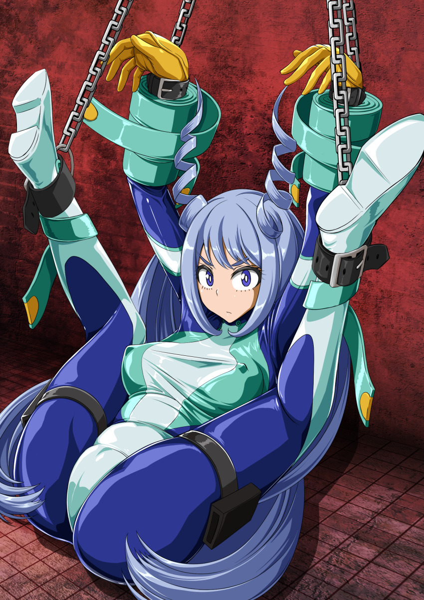 absurdres bdsm blue_bodysuit blue_eyes blue_hair bodysuit boku_no_hero_academia breasts bright_pupils cameltoe covered_erect_nipples drill_hair folded gloves green_bodysuit hado_nejire hair_horns highres latex legs_over_head legs_up light_blue_hair long_hair looking_at_viewer medium_breasts restrained restraints skin_tight superhero_costume tamakko twin_drills very_long_hair yellow_gloves