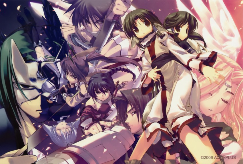 3boys 6+girls amazuyu_tatsuki animal_ears aruruu benawi blade blush collar dog_ears eruruu everyone hakuowlo head_wings japanese_clothes camyu karulau long_hair mask multiple_boys multiple_girls oboro_(utawarerumono) official_art ponytail purple_hair siblings sisters touka_(utawarerumono) ulthury utawarerumono wings