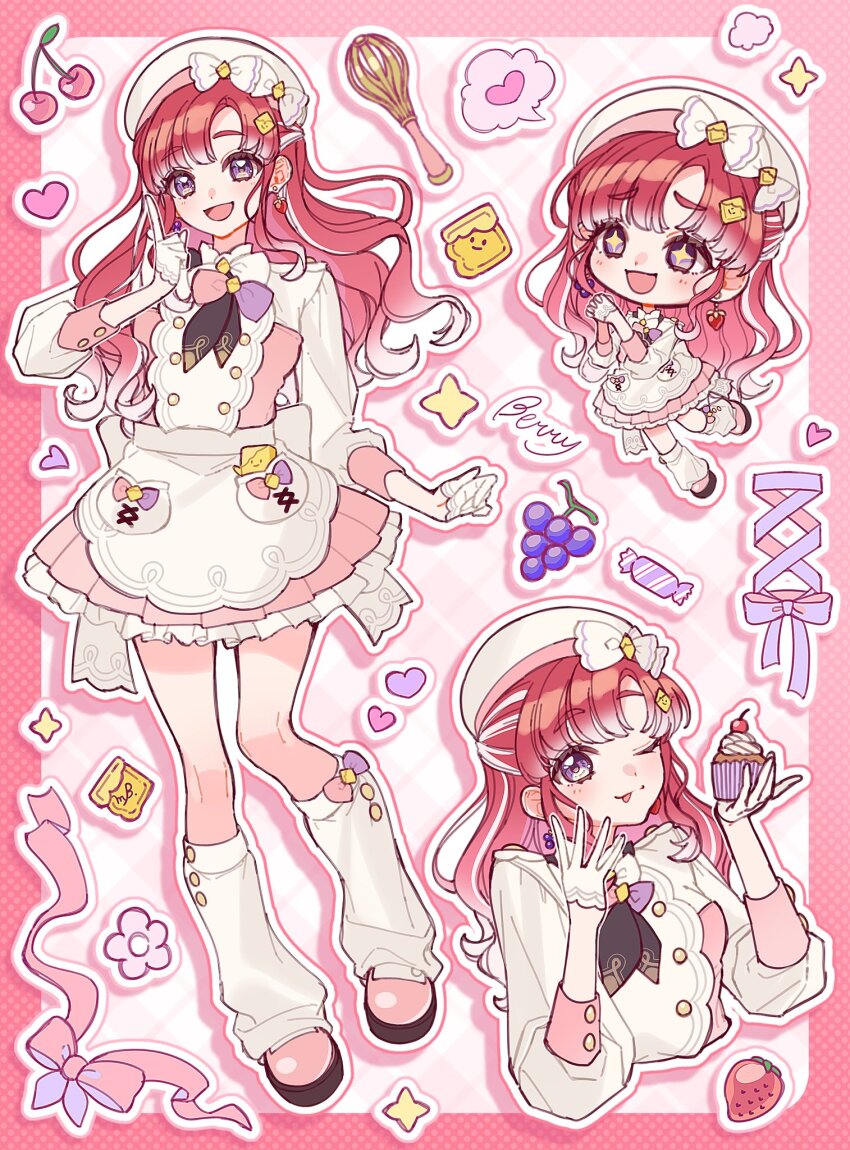 +_+ 1girl :d apron back_bow beret border bow butter buttons candy cherry chibi chibi_inset collared_shirt cupcake double-breasted earrings food food-themed_earrings food-themed_hair_ornament fruit gloves grapes hair_ornament half_gloves halftone hat hat_bow heart highres jewelry layered_skirt long_hair long_sleeves loose_socks mixer_(cooking) multicolored_hair multiple_views nijisanji one_eye_closed open_mouth outline pink_shoes pink_skirt plaid_background pleated_skirt pocket purple_eyes red_hair ribbon roarroa saotome_berry shirt shoes skirt smile socks spoken_heart star_(symbol) strawberry tongue tongue_out two-tone_hair virtual_youtuber waist_apron wavy_hair white_gloves white_hair white_shirt white_skirt wrapped_candy