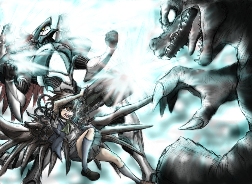 2girls ab-cannon absurdres battle beam_cannon brown_eyes brown_hair chise_(saishuu_heiki_kanojo) claws crossover energy_cannon fangs glowing godzilla godzilla_(series) guilty_gear highres humanoid_robot imminent_attack justice_(guilty_gear) kaiju laser_cannon long_hair looking_at_another looking_to_the_side m.u.g.e.n mechanical_tail mechanical_wings monster multiple_crossover multiple_girls red_hair robot saishuu_heiki_kanojo school_uniform short_hair socks tail toho torn_clothes wings