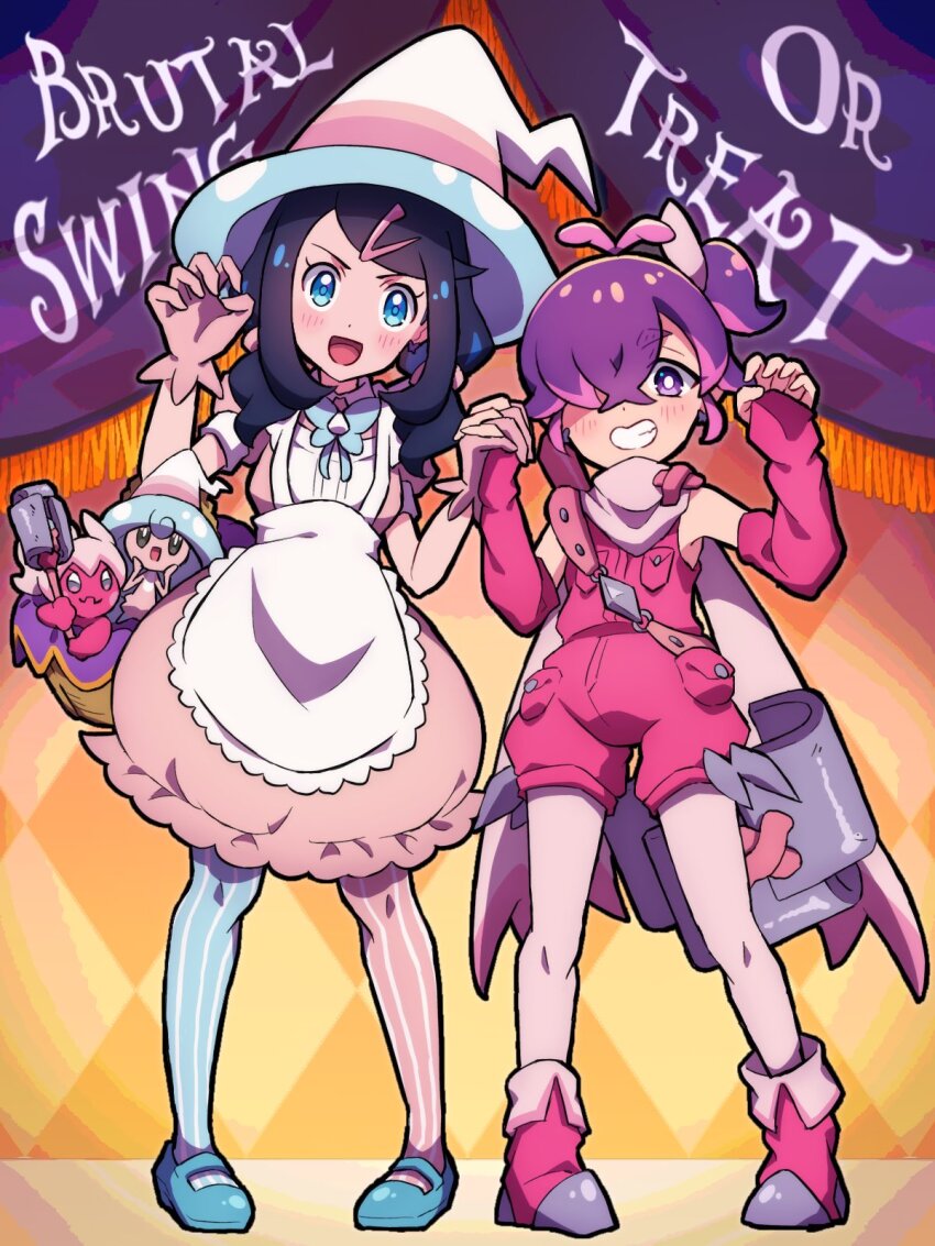 2girls apron black_hair blue_eyes blue_hair blush closed_mouth colored_skin cosplay cowlick curly_hair dot_(pokemon) dress eyelashes gen_8_pokemon hair_ornament hair_over_eyes hair_over_one_eye hairclip halloween hammer hat hatterene hatterene_(cosplay) hattrem highres holding holding_hammer liko_(pokemon) long_hair long_sleeves looking_at_viewer mismatched_thighhighs multicolored_hair multiple_girls nihiro_(erxun11) nintendo open_mouth pink_hair pink_skin pokemon pokemon_(anime) pokemon_(creature) pokemon_horizons ponytail purple_eyes purple_hair shirt short_hair shorts sleeveless smile tinkaton tinkaton_(cosplay) tinkatuff trick_or_treat weapon witch_hat