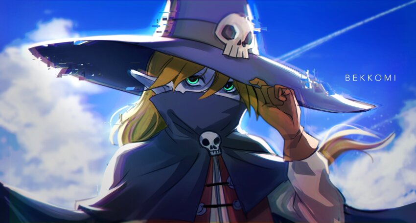 1boy artist_name bekkomi black_cape brown_gloves cape colored_skin day digimon digimon_(creature) gloves green_eyes grey_skin hand_up hat highres long_sleeves outdoors skull_ornament solo upper_body wizard_hat wizarmon