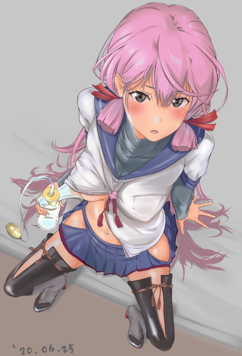 1girl absurdres akashi_(kancolle) black_thighhighs blue_sailor_collar blue_skirt blunt_tresses blush breast_pump breasts clothes_lift commentary_request dated from_above full_body green_eyes hair_ribbon highres hip_vent kantai_collection long_hair long_sleeves looking_at_viewer milking_machine open_mouth ototoi_koi pink_hair pleated_skirt pump ribbon sailor_collar school_uniform serafuku shirt_lift sitting skirt solo thighhighs tress_ribbon