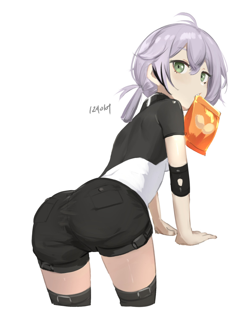 1girl ass bag_of_chips black_shorts black_thighhighs breasts cascadia_(neural_cloud) chips_(food) cowboy_shot daebom food from_behind girls&#039;_frontline girls&#039;_frontline_neural_cloud green_eyes grey_hair highres looking_at_viewer looking_back medium_hair mouth_hold potato_chips sharp_teeth short_shorts shorts teeth thighhighs white_background