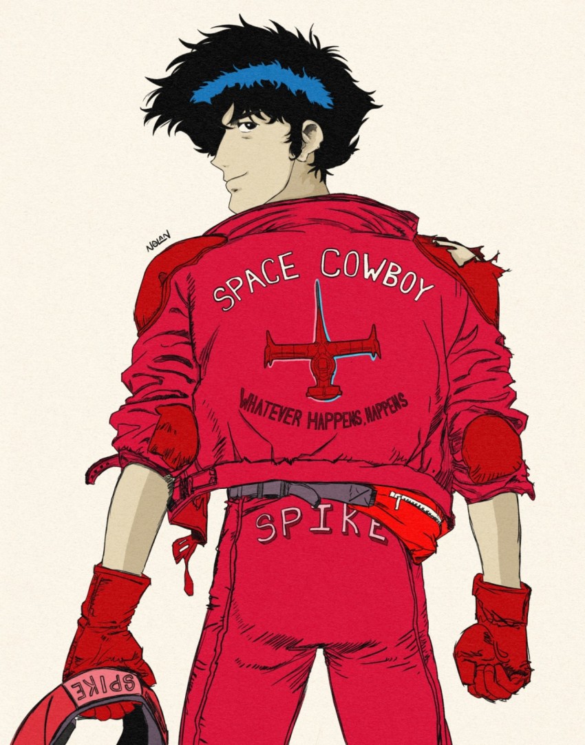 1boy akira_(manga) ass cosplay cowboy_bebop gloves highres jacket kaneda_shoutarou_(akira) kaneda_shoutarou_(cosplay) red_jacket solo spike_spiegel swordfish_ii