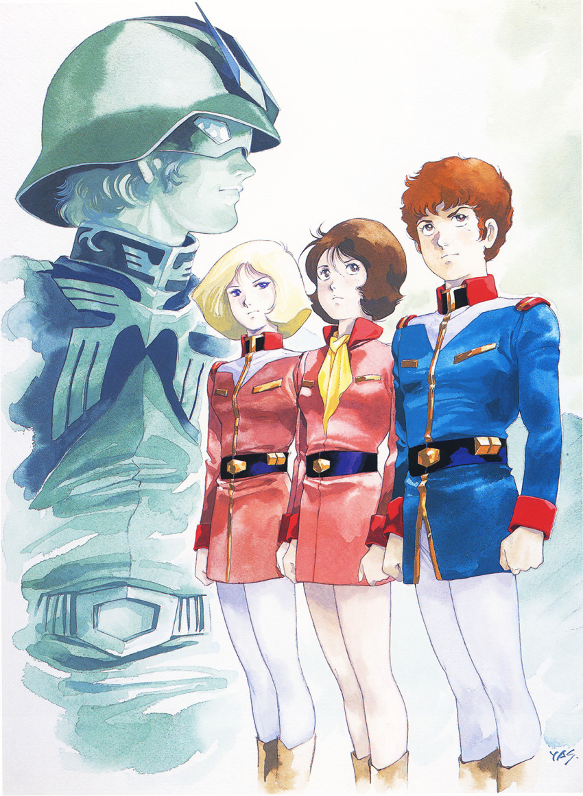 1970s_(style) 1980s_(style) 2boys 2girls amuro_ray belt blonde_hair boots brown_hair char_aznable earth_federation fraw_bow ghost gundam highres looking_ahead mobile_suit_gundam multiple_boys multiple_girls oldschool painting_(medium) production_art promotional_art retro_artstyle sayla_mass scan scarf signature traditional_media uniform watercolor_(medium) yasuhiko_yoshikazu yellow_scarf zeon