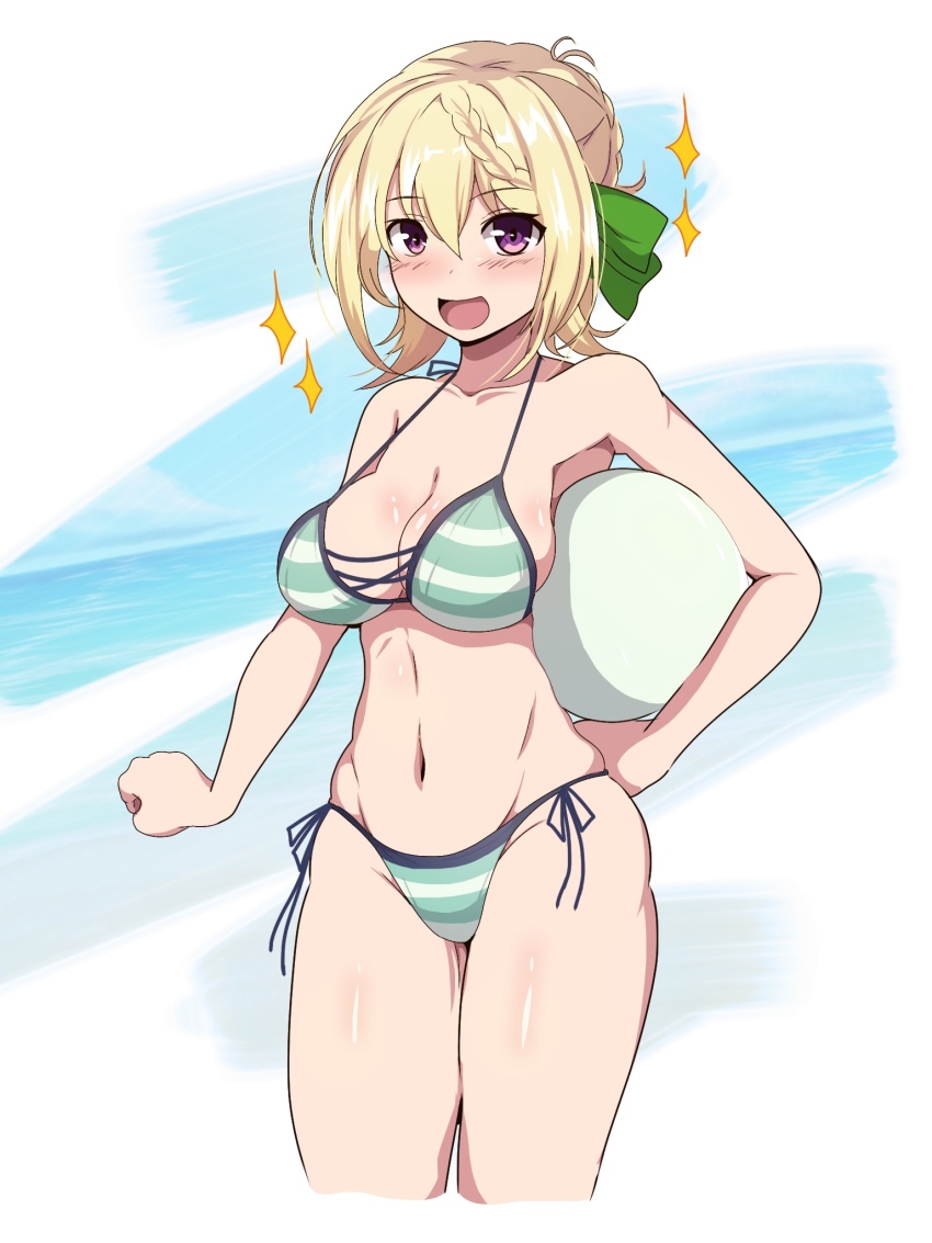 1girl ball beachball bikini blonde_hair braid braided_bun breasts commentary_request hair_bun highres kantai_collection long_hair medium_breasts official_alternate_costume perth_(kancolle) perth_(swimsuit)_(kancolle) purple_eyes side-tie_bikini_bottom smile solo sparkle striped_bikini striped_clothes swimsuit tomo_(red_wings087)
