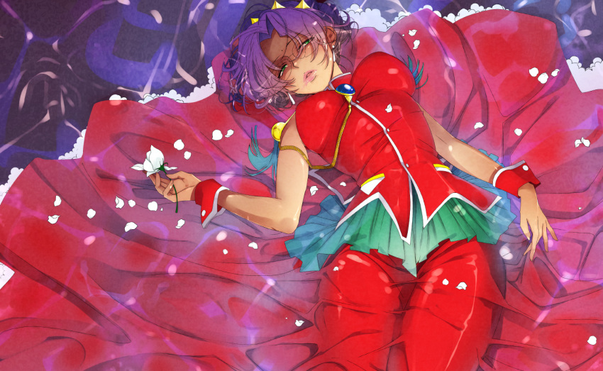 1990s_(style) 1girl aiguillette bad_id bad_pixiv_id dark-skinned_female dark_skin dress female_focus flower glasses gown green_eyes himemiya_anthy partially_submerged petals purple_hair retro_artstyle rose shirai short_hair shoujo_kakumei_utena solo white_flower white_rose