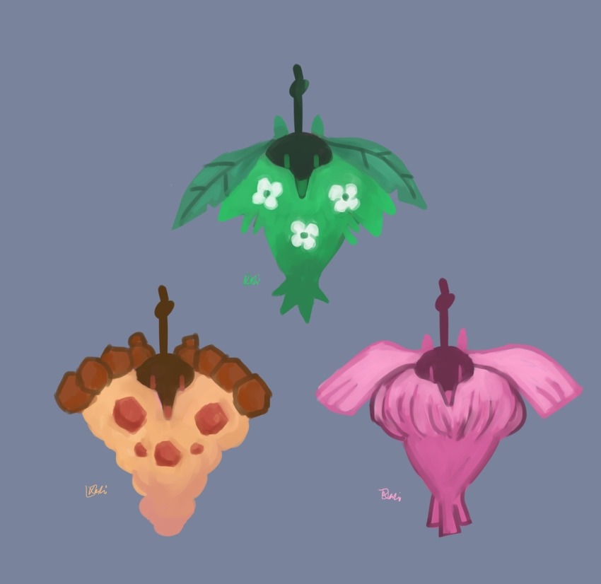 commentary creature english_commentary full_body gen_4_pokemon grey_background highres looking_at_viewer mints nintendo no_humans pokemon pokemon_(creature) signature simple_background wormadam wormadam_(plant) wormadam_(sandy) wormadam_(trash)