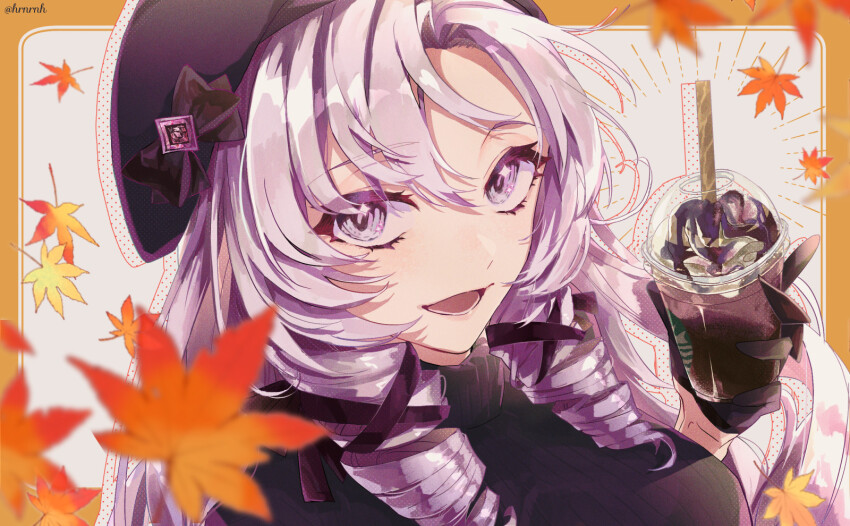 1girl :d artist_name autumn_leaves beret black_bow black_gloves black_hat black_sweater border bow breasts chocolate_syrup claw_ring commentary_request cup disposable_cup drill_hair drill_sidelocks drinking_straw eyelashes falling_leaves frappuccino gloves grey_background hair_between_eyes hand_up haruna_(hrnrnh) hat hat_bow highres holding holding_cup hyakumantenbara_salome leaf long_hair looking_at_viewer lower_teeth_only nijisanji open_mouth orange_border outside_border parted_bangs purple_eyes purple_hair ribbed_sweater sidelocks smile solo starbucks sweater teeth turtleneck turtleneck_sweater twitter_username upper_body virtual_youtuber whipped_cream