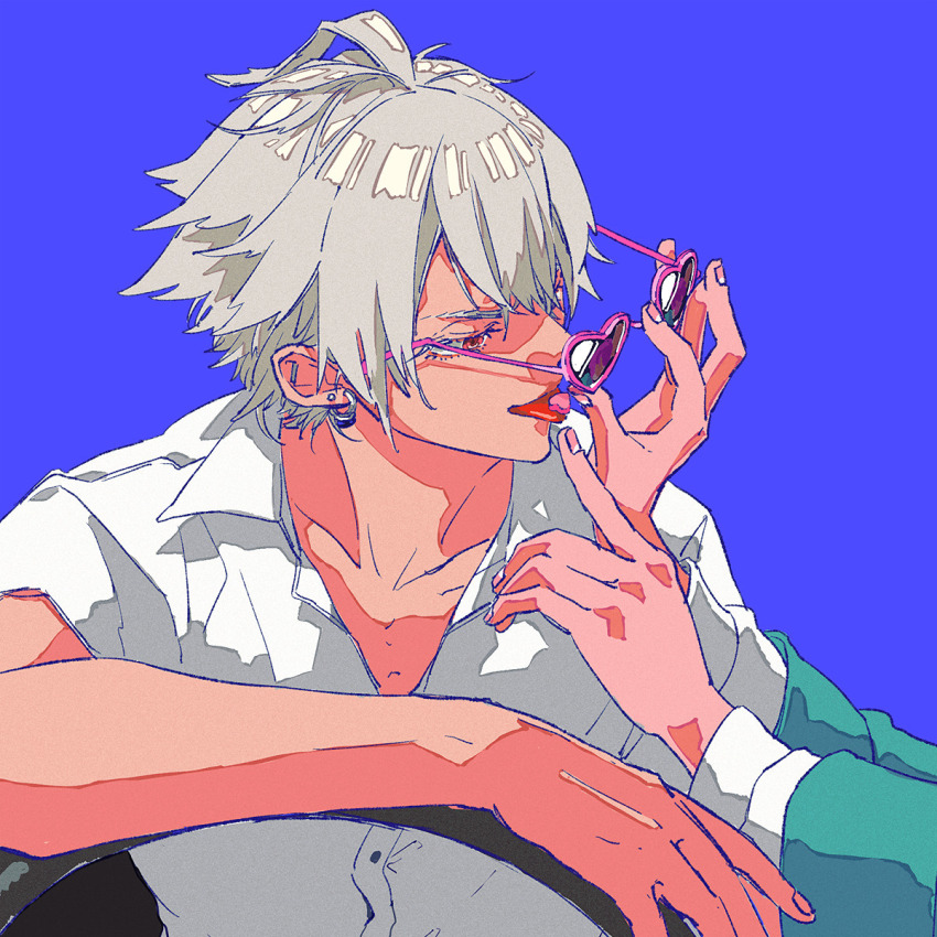 2boys adjusting_another&#039;s_eyewear ahoge amemura_ramuda aohitsugi_samatoki blue_background candy_heart collarbone collared_shirt ear_piercing earrings feeding hair_between_eyes heart heart-shaped_eyewear highres hypnosis_mic jewelry long_sleeves looking_at_another male_focus multiple_boys multiple_piercings partially_unbuttoned piercing red_eyes reflection shirt short_hair short_sleeves simple_background smile solo_focus souko_(floyd) tongue tongue_out upper_body white_hair white_shirt