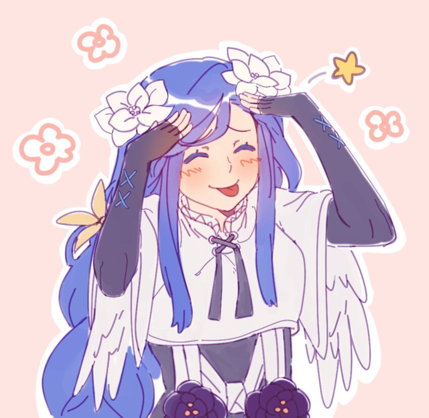 1girl ah_eto..._bleh_(meme) angel_wings black_gloves blue_hair braid closed_eyes crop_top dizzy_(guilty_gear) feathered_wings fingerless_gloves flower gloves guilty_gear guilty_gear_strive hair_flower hair_ornament hands_on_own_head highres long_hair meme queen_dizzy shirt solo tazuransi tongue tongue_out very_long_hair white_flower white_shirt wings