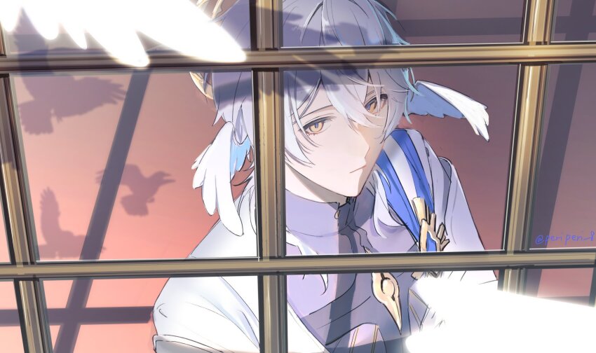 1boy bird blue_brooch blurry brooch closed_mouth depth_of_field grey_hair grey_jacket halo halo_behind_head head_wings highres honkai:_star_rail honkai_(series) jacket jewelry looking_at_animal looking_outside male_focus medium_hair peridot_(periperi_8) purple_shirt shadow shirt solo sunday_(honkai:_star_rail) sunday_(sacerdos&#039;_relived_ordeal)_(honkai:_star_rail) twitter_username upper_body white_bird white_wings window window_shadow wings yellow_eyes
