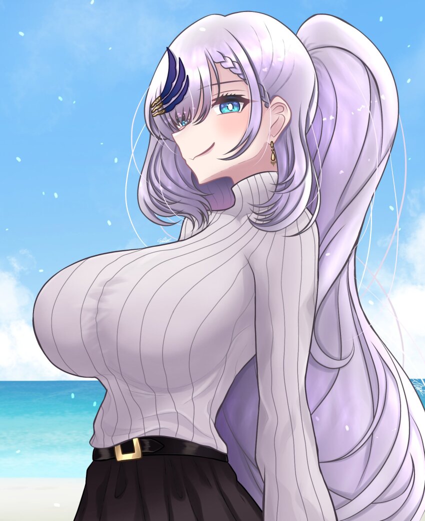 1girl belt black_belt black_skirt blue_eyes blue_feathers blue_sky braid breasts bright_pupils closed_mouth earrings feather_hair_ornament feathers hair_ornament highres hololive hololive_indonesia jewelry large_breasts long_hair ocean pavolia_reine ponytail rachman_erza ribbed_shirt shirt skirt sky solo turtleneck turtleneck_shirt virtual_youtuber white_pupils white_shirt