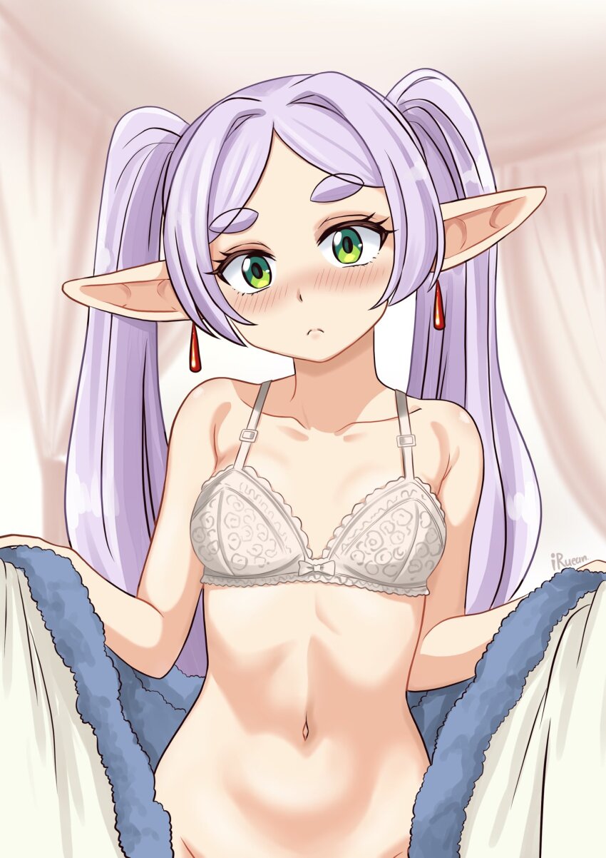 1girl alternate_hair_color blush bottomless breasts collarbone commentary curtains earrings english_commentary frieren frown green_eyes groin hair_intakes head_tilt highres i.ruean jewelry long_hair navel petite pointy_ears purple_hair signature small_breasts solo sousou_no_frieren teardrop_earrings thick_eyebrows upper_body