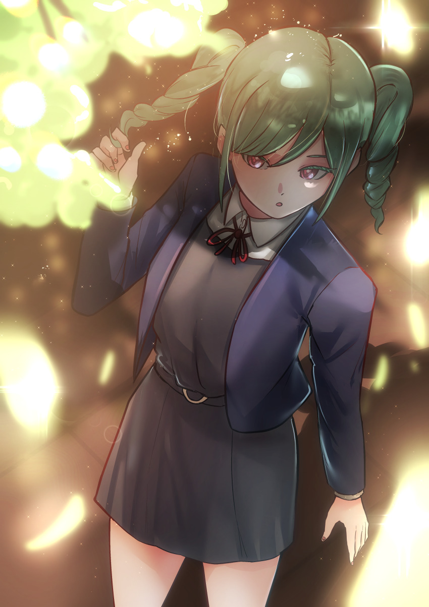 1girl absurdres blue_jacket blurry blurry_foreground collared_shirt commentary dress english_commentary green_hair grey_dress highres jacket long_sleeves looking_at_viewer love_live! love_live!_superstar!! medium_hair neck_ribbon onitsuka_tomari open_clothes open_jacket open_mouth over_flow99 pinafore_dress playing_with_own_hair red_eyes red_ribbon ribbon school_uniform shirt sidelocks sleeveless sleeveless_dress solo standing swept_bangs twintails upper_body white_shirt winter_uniform yuigaoka_school_uniform