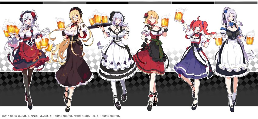 6+girls ahoge alternate_costume azur_lane bismarck_(azur_lane) black_footwear black_thighhighs blonde_hair blue_eyes blue_hair breasts cleavage closed_mouth commentary_request cup dido_(azur_lane) elbe_(azur_lane) flower forehead full_body hair_between_eyes hair_flower hair_ornament high_heels highres holding holding_cup holding_plate ideolo large_breasts long_hair looking_at_viewer maid mary_janes medium_hair multiple_girls official_art open_mouth pantyhose plate ponytail prince_of_wales_(azur_lane) puffy_short_sleeves puffy_sleeves red_eyes san_diego_(azur_lane) shoes short_hair short_sleeves sidelocks smile socks standing striped_clothes striped_socks thighhighs twintails vertical-striped_clothes vertical-striped_socks white_hair white_pantyhose white_socks yorktown_(azur_lane)