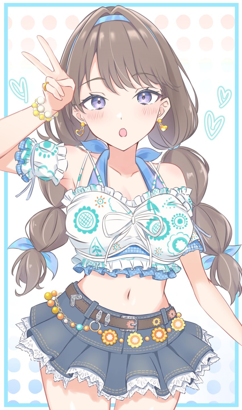 1girl absurdres arm_up belt bikini bikini_top_only black_skirt blue_bikini breasts brown_belt brown_hair cleavage collarbone commentary_request cowboy_shot denim denim_skirt detached_sleeves frilled_bikini frilled_skirt frills fujishima_megumi halterneck heart highres iroha_(nami3) large_breasts link!_like!_love_live! long_hair looking_at_viewer love_live! low_twintails midriff miniskirt multi-tied_hair natsumeki_pain navel official_alternate_costume official_alternate_hairstyle polka_dot polka_dot_background purple_eyes short_sleeves skirt solo swimsuit twintails v virtual_youtuber