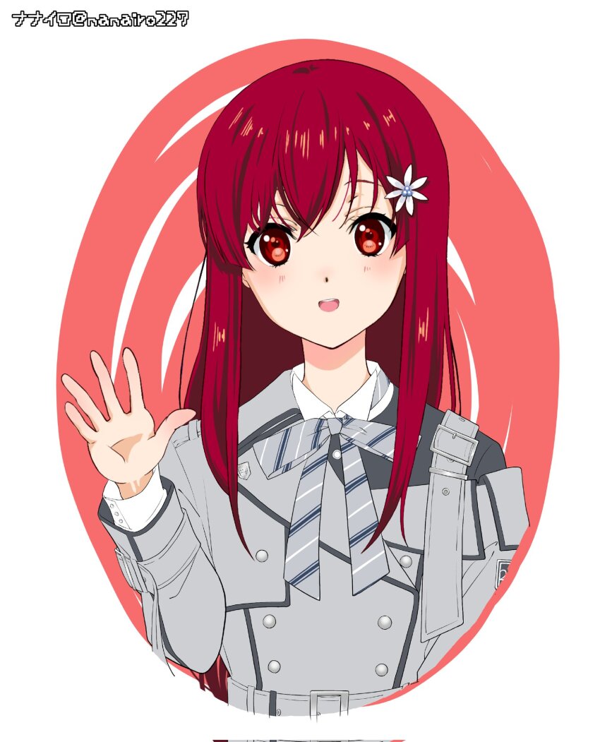 1girl 22/7 artist_name border crossed_bangs dress grey_dress highres kamisama_datte_kimerarenai long_hair long_sleeves nanairo_(nanairo227) red_background red_eyes red_hair sato_reika shirt smile solo upper_body white_border white_shirt