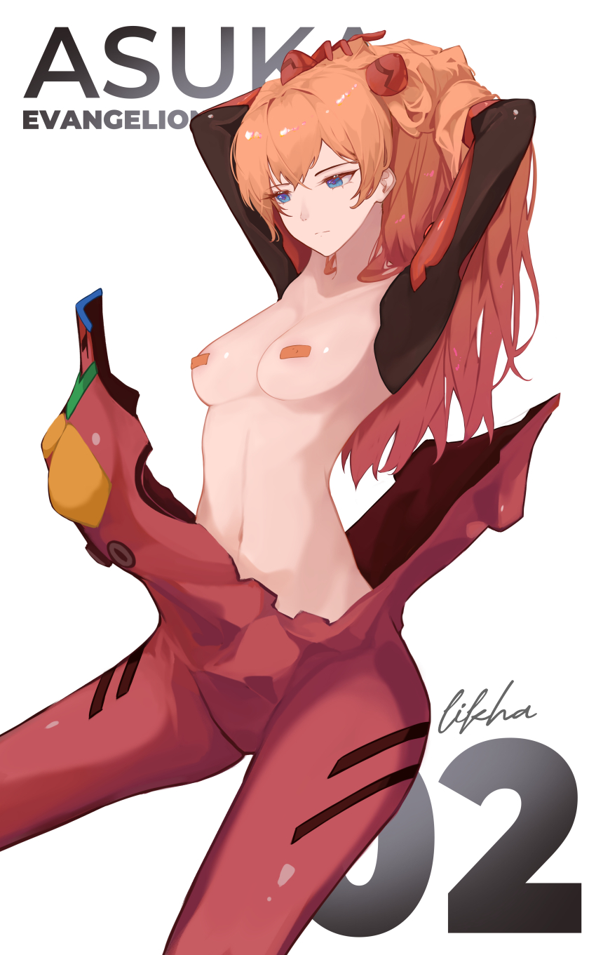 1girl absurdres arms_up artist_name blue_eyes breasts character_name collarbone copyright_name english_text hand_in_own_hair highres interface_headset_(evangelion) legs li_kha long_hair looking_down mecha_pilot_suit medium_breasts narrow_waist navel neon_genesis_evangelion pasties plugsuit_(evangelion) red_hair signature simple_background solo souryuu_asuka_langley spread_legs thigh_gap upper_body white_background