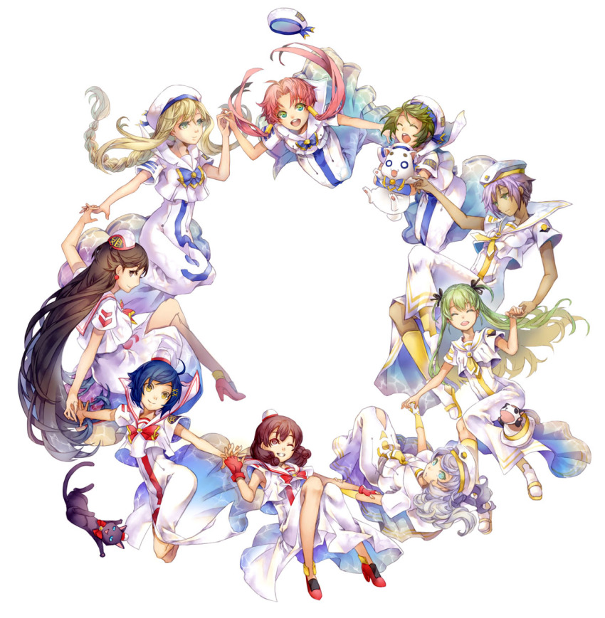 00s 6+girls aika_granzchesta aino_ai akira_ferrari alice_carroll alicia_florence anya_dostoyevskaya aria_(manga) aria_company_uniform aria_pokoteng athena_glory azusa_mclaren beret blonde_hair blouse blue_eyes blue_hair braid cat dress fingerless_gloves gloves green_eyes green_hair hair_tubes hat highres hime_granzchesta himeya_company_uniform holding_hands hoshikako_(koz) long_hair long_skirt mizunashi_akari multiple_girls orange_planet_uniform pink_hair president_maa sailor_collar shirt short_hair side_slit sidelocks skirt smile white_shirt yellow_eyes