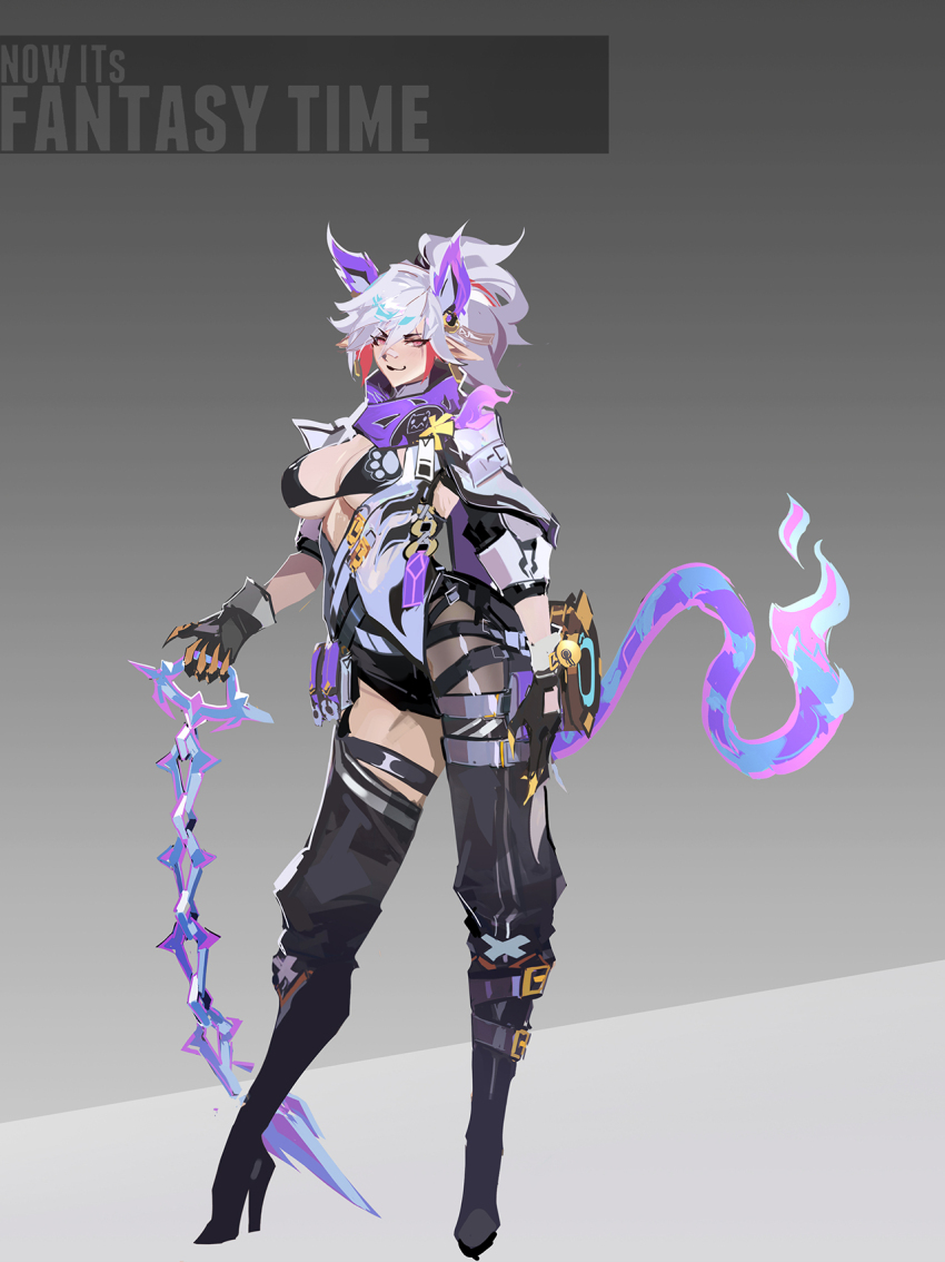 animal_ear_piercing animal_ears belt bikini black_bikini black_boots boots breasts cat_ears cat_tail chain_whip claws english_text fingerless_gloves genderswap genderswap_(mtf) gloves highres jacket julian_(mobile_legends) large_breasts leotard mobile_legends:_bang_bang multiple_belts neon_palette open_cleavage open_clothes paw_print purple_scarf scarf smjim1986 swimsuit tail thigh_boots white_hair white_jacket