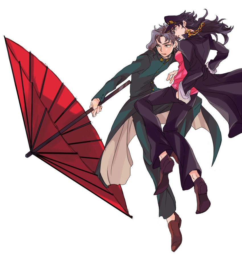 1boy 1girl black_hair gakuran genderswap genderswap_(mtf) goro_nyanko grey_hair hat highres jojo_no_kimyou_na_bouken kakyoin_noriaki kuujou_joutarou long_hair parasol school_uniform umbrella