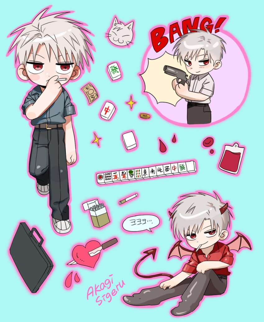 1boy akagi:_yami_ni_oritatta_tensai akagi_shigeru banknote black_pants blue_background briefcase character_name chibi cigarette cigarette_pack closed_mouth coin commentary_request demon_boy demon_horns demon_tail fukumoto_mahjong full_body grey_hair grey_shirt gun handgun heart highres holding holding_cigarette holding_gun holding_weapon horns intravenous_drip knife kokushi_musou korean_commentary koreangaykiller looking_at_viewer mahjong mahjong_tile male_focus money pants red_eyes red_horns red_shirt red_wings shirt short_hair smile smoking tail weapon white_shirt wings