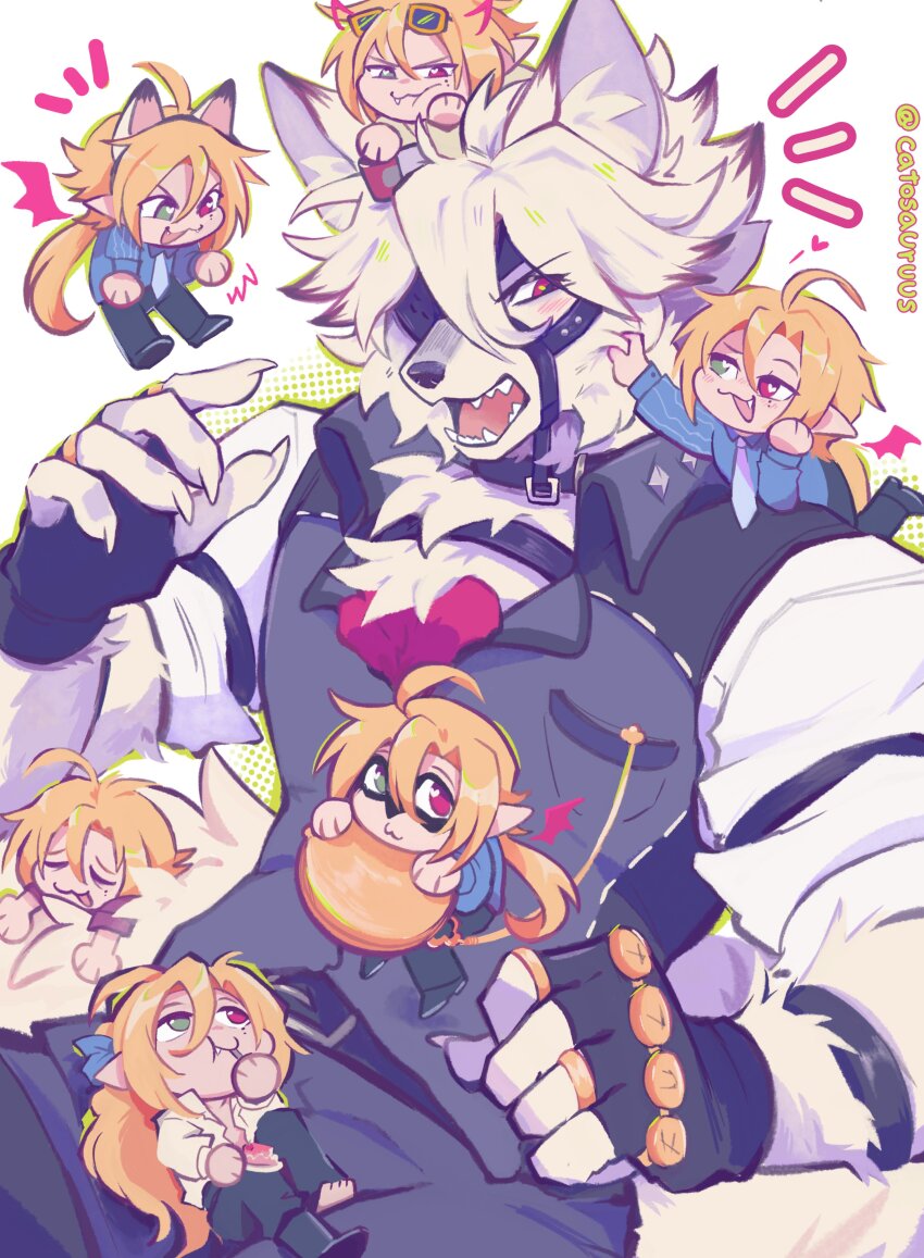 2boys absurdres animal_ears artist_name ascot black_gloves blonde_hair blue_necktie blue_shirt blush catosauruus chibi claws colored_tips commentary eyepatch fang fang_out fangs fingerless_gloves furry furry_male gloves grey_pants grey_vest heterochromia highres hugo_vlad looking_at_another male_focus multicolored_hair multiple_boys necktie open_clothes open_mouth open_shirt pants ponytail red_ascot red_eyes shirt tail vest von_lycaon white_background white_shirt wolf_boy wolf_ears wolf_tail zenless_zone_zero