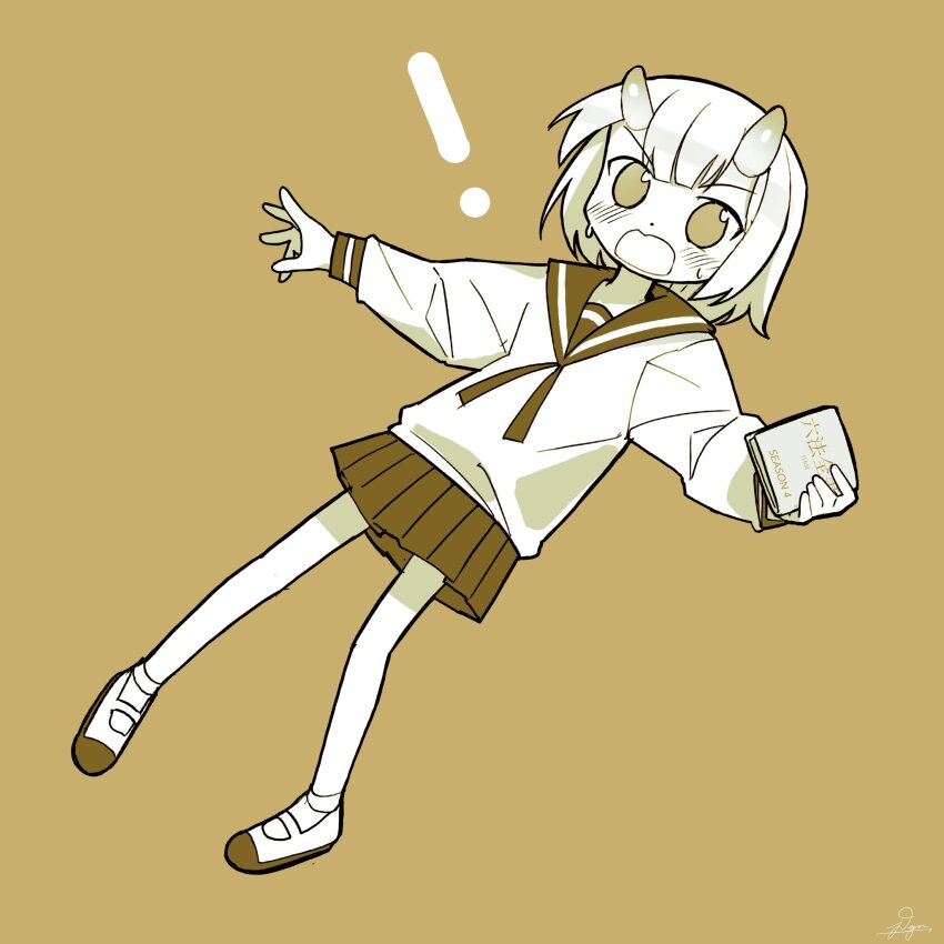 ! 1girl blush book commentary_request floating full_body highres holding holding_book horns jdge long_sleeves looking_at_viewer monochrome murakawa_reo_(null-meta) neck_ribbon null-meta outstretched_arms pigeon-toed pleated_skirt ribbon school_uniform serafuku shoes short_hair simple_background skirt solo spread_arms uwabaki v-shaped_eyebrows yellow_theme