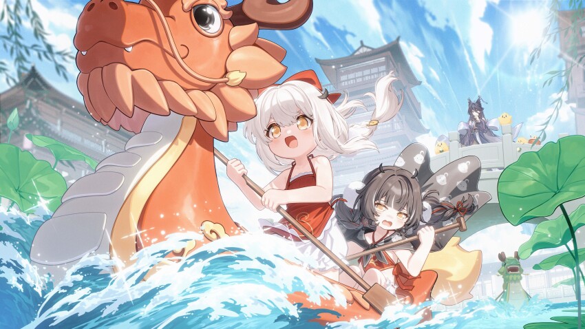 absurdres architecture azur_lane bare_shoulders black_hair blue_sky bow bridge canoe chi_an_(azur_lane) cloud dragon_boat_festival east_asian_architecture fei_yuen_(azur_lane) fei_yuen_(flying_clouds_flailing_pranks)_(azur_lane) fu_po_(azur_lane) fu_po_(mischievous_tidings)_(azur_lane) hair_bow highres holding holding_paddle leaf manjuu_(azur_lane) multicolored_hair official_alternate_costume official_art open_mouth outdoors paddle pedestrian_bridge petite red_bow sky streaked_hair water white_hair yellow_eyes