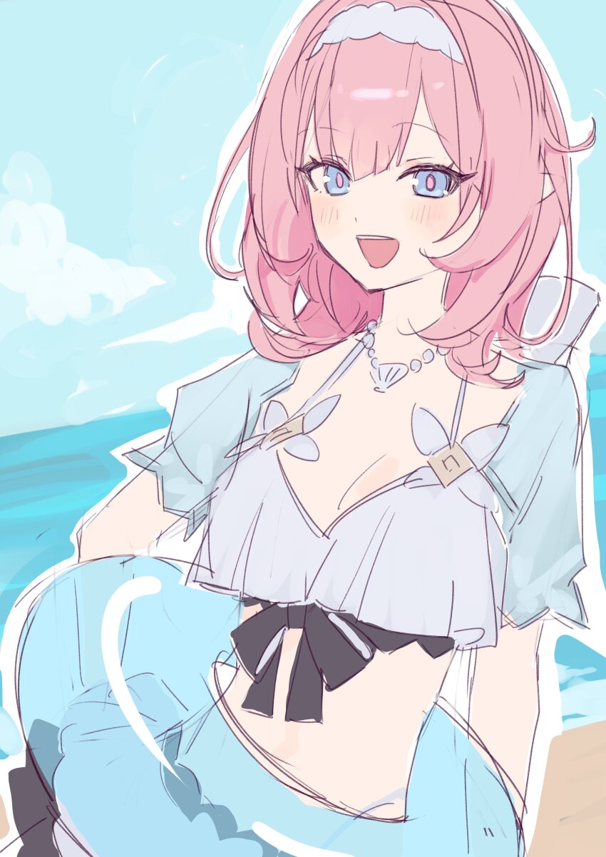 1girl absurdres beach bikini bikini_skirt blue_eyes blue_innertube blue_sky breasts cleavage elf elysia_(honkai_impact) elysia_(miss_pink_elf)_(honkai_impact) elysia_(summer_miss_elf)_(honkai_impact) hairband highres holding holding_swim_ring honkai_(series) honkai_impact_3rd innertube jewelry large_breasts long_hair looking_at_viewer necklace ocean open_mouth pearl_necklace pink_hair pointy_ears roena sand sky smile solo stomach swim_ring swimsuit white_bikini white_hairband