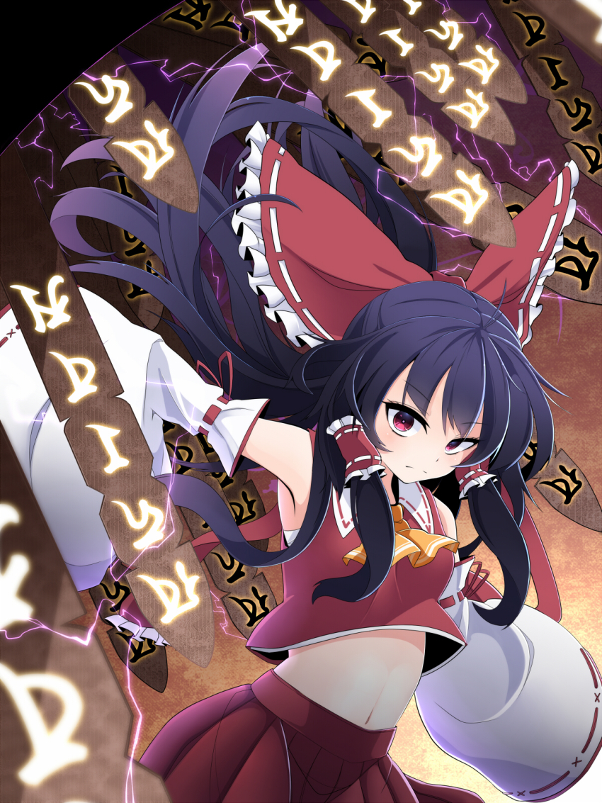 1girl ascot black_hair bow detached_sleeves female_focus gap_(touhou) hair_bow hair_tubes hakurei_reimu highres long_sleeves midriff navel red_eyes rihito_(usazukin) shirt siddham skirt skirt_set solo touhou urban_legend_in_limbo wide_sleeves